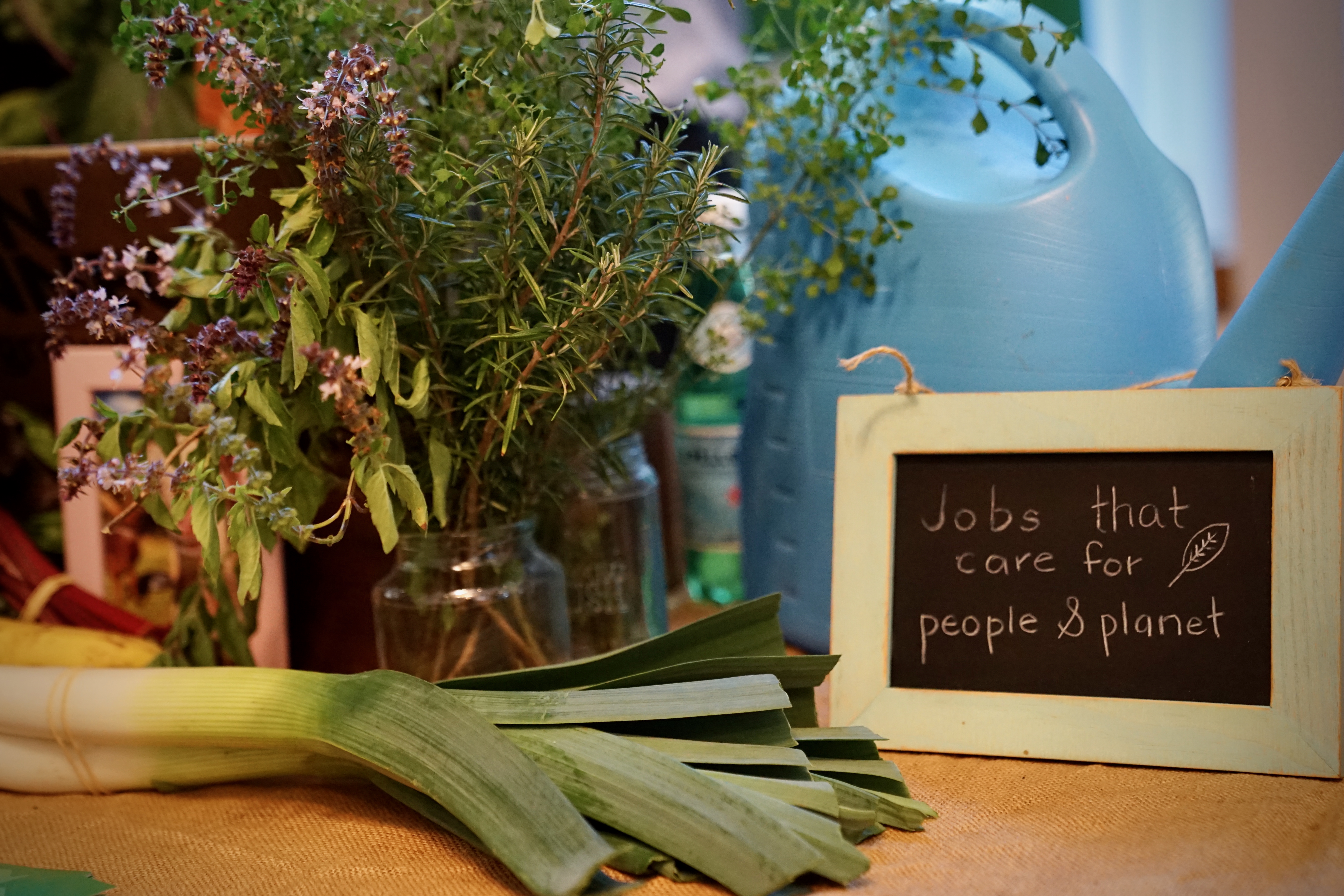 Fresh herbs in glass jars, leeks and a blue watering can displayed beside a chalkboard reading “Jobs that care for people & planet.”